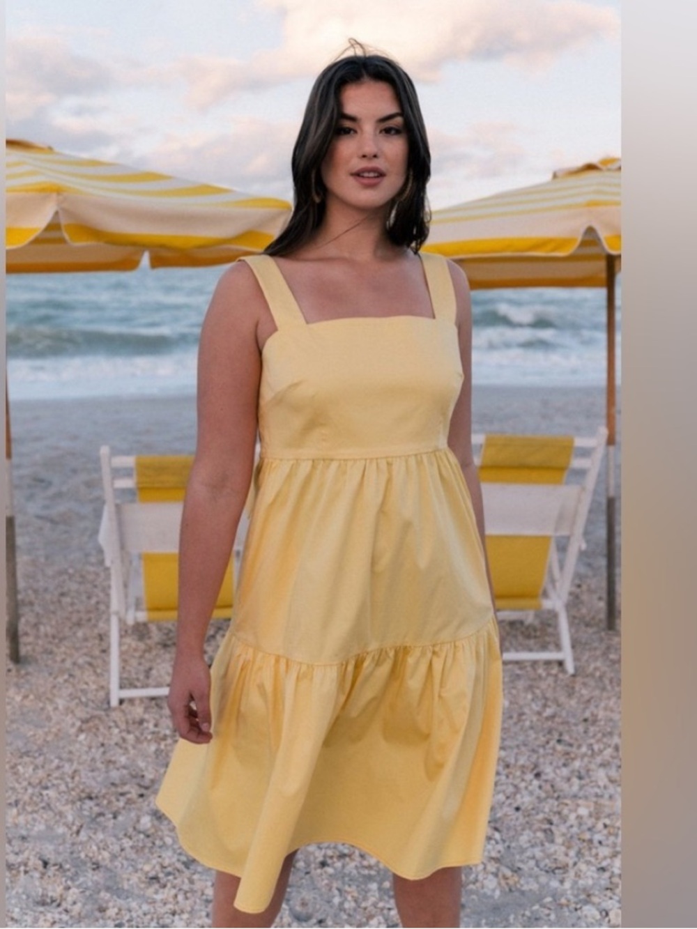 Gal Meets Glam Sunny Yellow Square-Neck Tiered Midi Dress